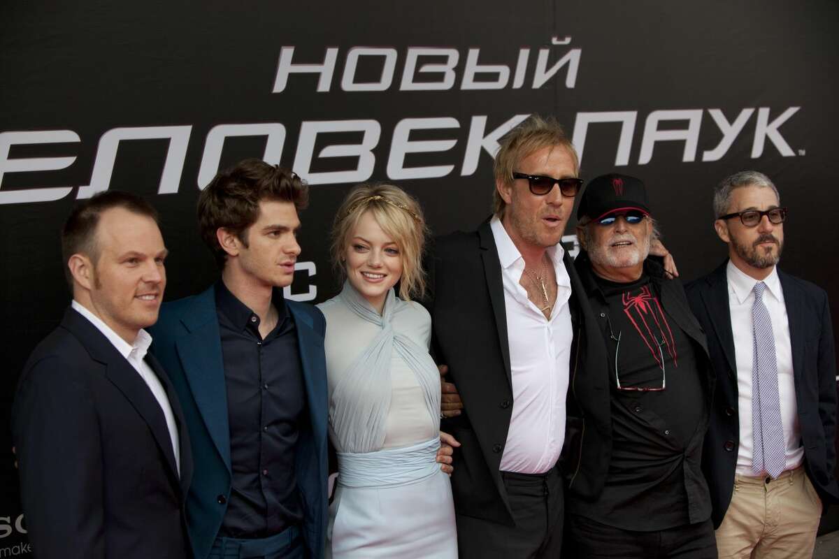 From the left: director Marc Webb, actor Andrew Garfield, actress Emma Stone, actor Rhys Ifans, director Avi Arad and producer Matt Tolmach pose for photographers on the red carpet during the Russian premiere of the film "The Amazing Spider-Man" in Moscow, Russia, on Friday, June 15. (AP Photo/Alexander Zemlianichenko)