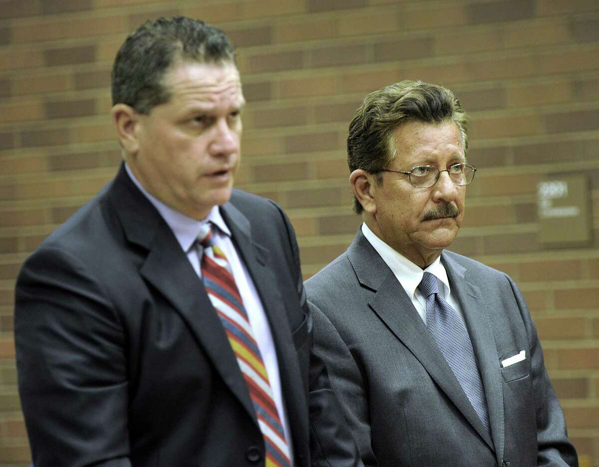 Former Danbury Mayor Eugene Eriquez, right, represented by Attorney Michael McGetrick, appears in state Superior Court in Danbury Tuesday, June 28, 2016, on charges of domestic abuse.
