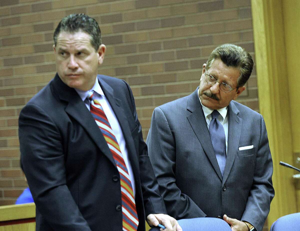 Former Danbury Mayor Eugene Eriquez, right, represented by Attorney Michael McGetrick, appears in state Superior Court in Danbury Tuesday, June 28, 2016, on charges of domestic abuse.