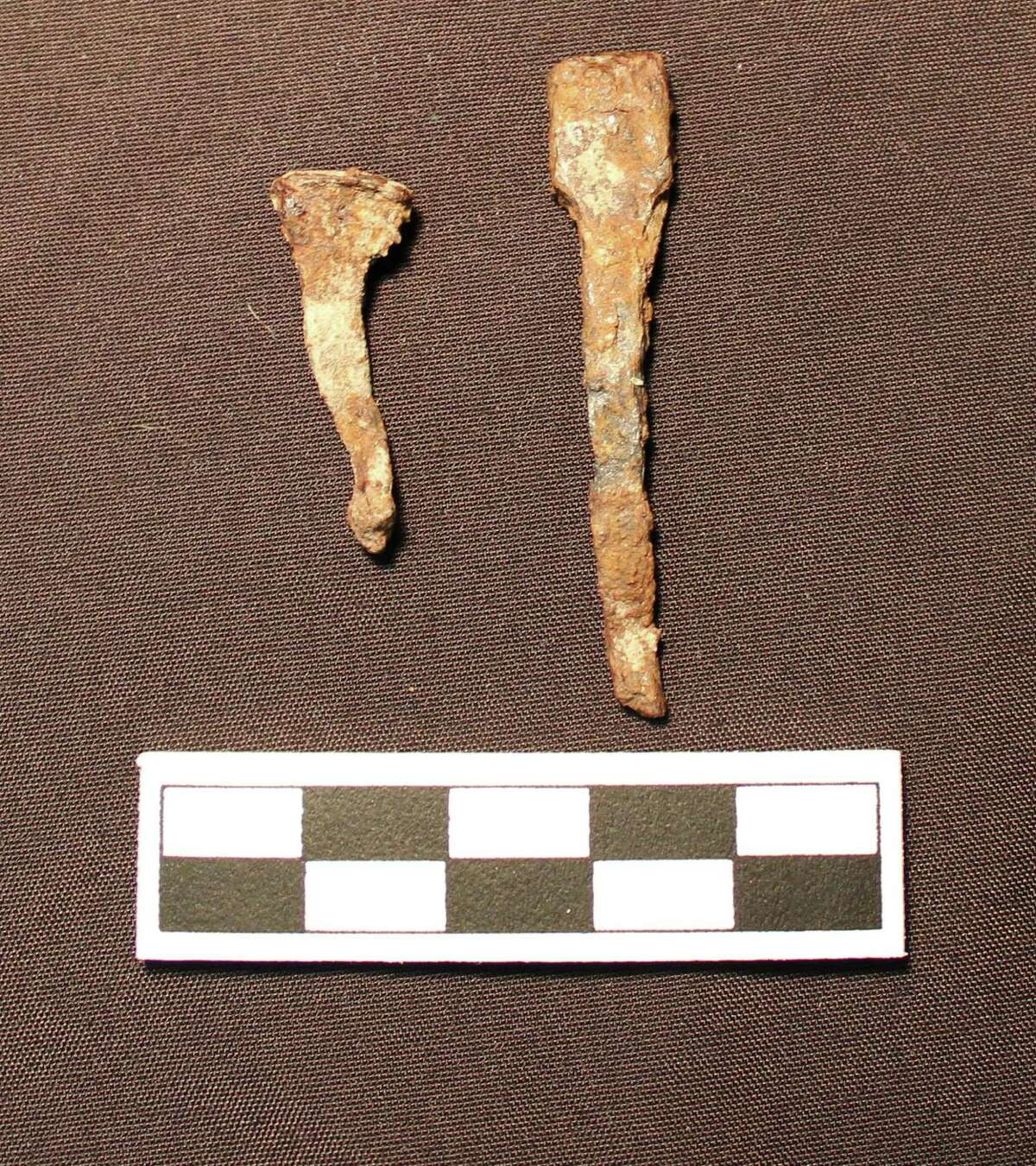 Horseshoe nails found at City Cemetery No. 2 on the East Side, near the site of the newly discovered Spanish colonial powder house and watch tower.