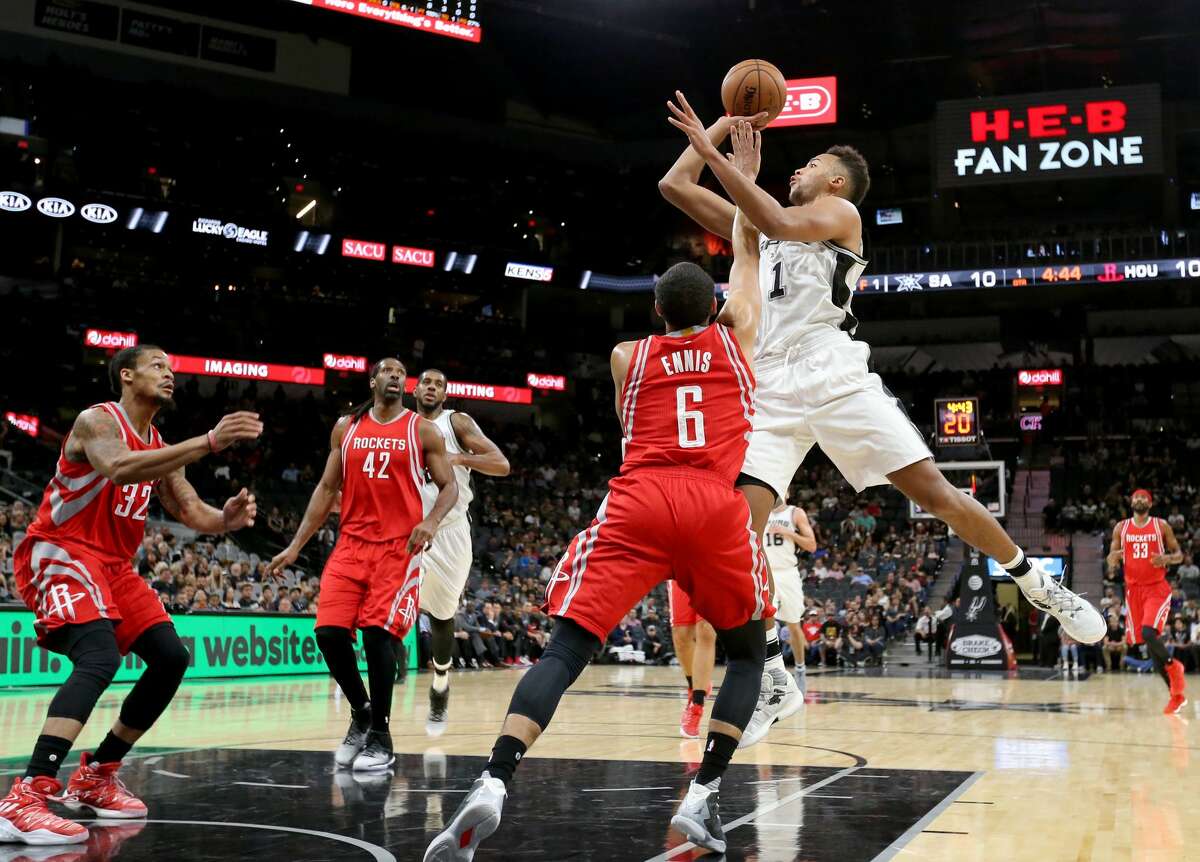 San Antonio Spurs?• Kyle Anderson shoots over Houston Rockets?• Tyler Ennis during first half action of their preseason game held Friday Oct. 21, 2016 at the AT&T Center.