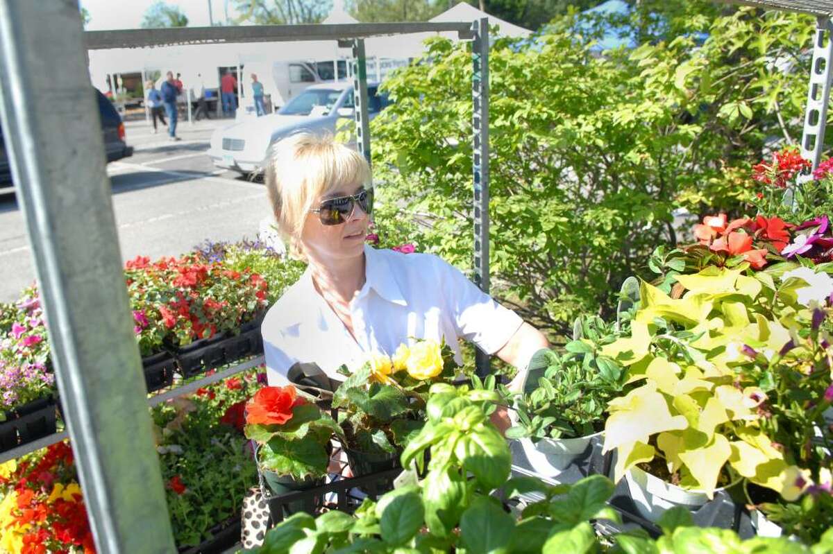 Avril Graham of Cos Cob shops for flowers during the opening day of the Greenwich Farmers Market in the Horseneck public parking lot, Greenwich, Saturday morning, May 15, 2010.