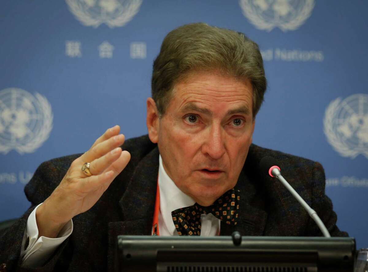 Alfred de Zayas, U.N. independent expert on international order, hold a news conference calling for the abolition of tax havens, Friday, Oct. 21, 2016, at U.N. headquarters. (AP Photo/Bebeto Matthews)
