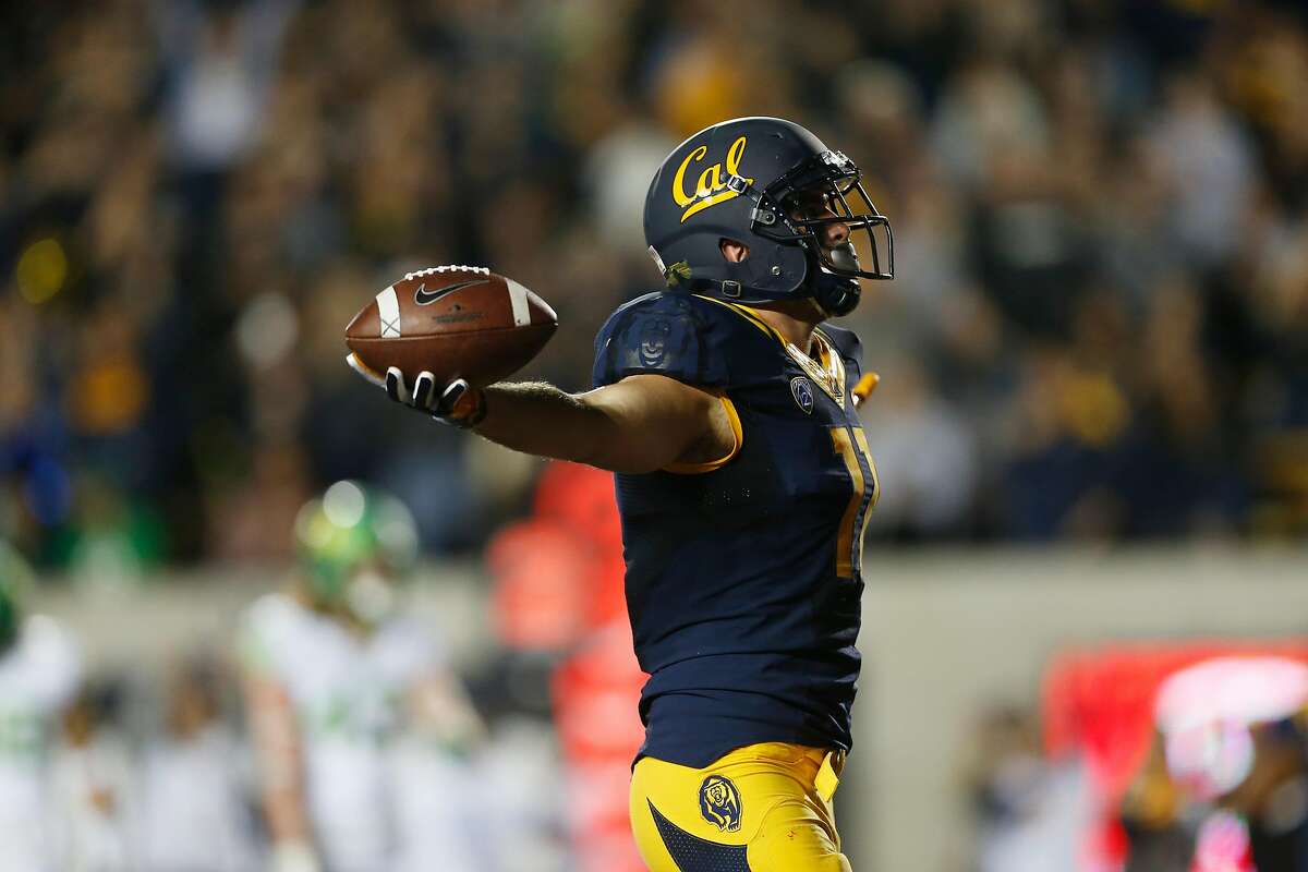 California wide receiver Raymond Hudson celebrates after scoring a touchdown during the first quarter of the game against the University of Oregon on October 21, 2016 in Berkeley, Calif.