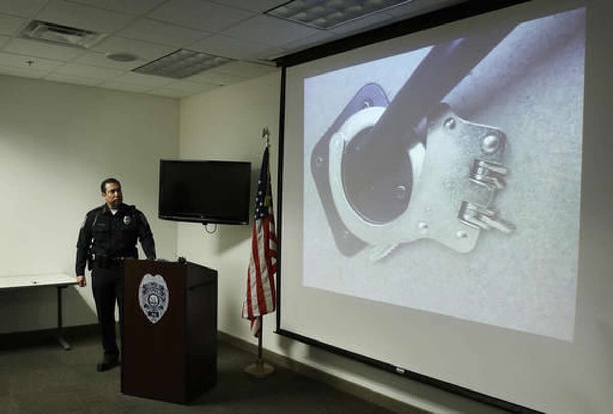 North Las Vegas Police Chief Alex Perez holds a news conference Wednesday, Sept. 7, 2016, in North Las Vegas, Nev. Chief Alex Perez spoke about Alonso Perez, a homicide suspect who had been on the loose for more than four days after breaking his handcuffs and escaping police custody. (AP Photo/John Locher)