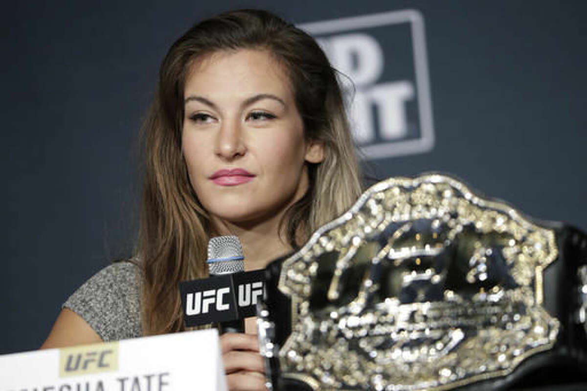 FILE--In this July 6, 2016, file photo, Miesha Tate speaks during a UFC 200...