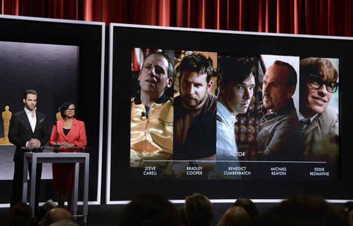 FILE - In this Thursday, Jan. 15, 2015 file photo, Chris Pine, left, and Academy President Cheryl Boone Isaacs announce the Academy Awards nominees for best actor in a leading role at the 87th Academy Awards nomination ceremony in Beverly Hills, Calif. A report to be released Wednesday, Sept. 7, 2016 by the Media, Diversity and Social Change Initiative at the University of Southern California's Annenberg School for Communication and Journalism finds little evidence of Hollywood improving in the diversity of its movie characters or directors. (Photo by Dan Steinberg/Invision/AP, File)