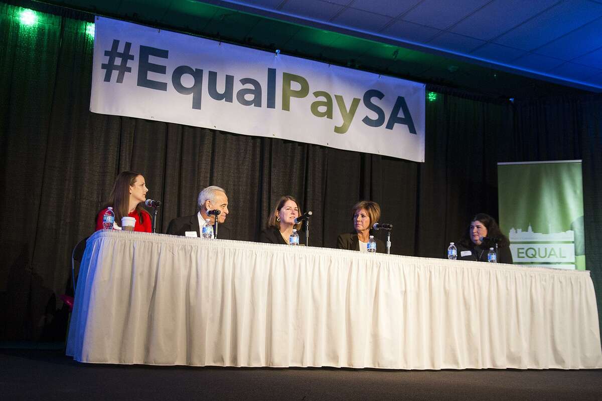 A panel at The City of San Antonio Mayor's Commission on the Status of Women, Saturday, Oct. 22, 2016, to discuss strategies to ensure equal pay and equal opportunity for women in the workplace. The panel included from left to right, attorney Blakely Fernandez, former Congressman Charles Gonzalez, Judge Laura Parker, and City Manager Sheryl Sculley and was moderated by Naomi Miller.
