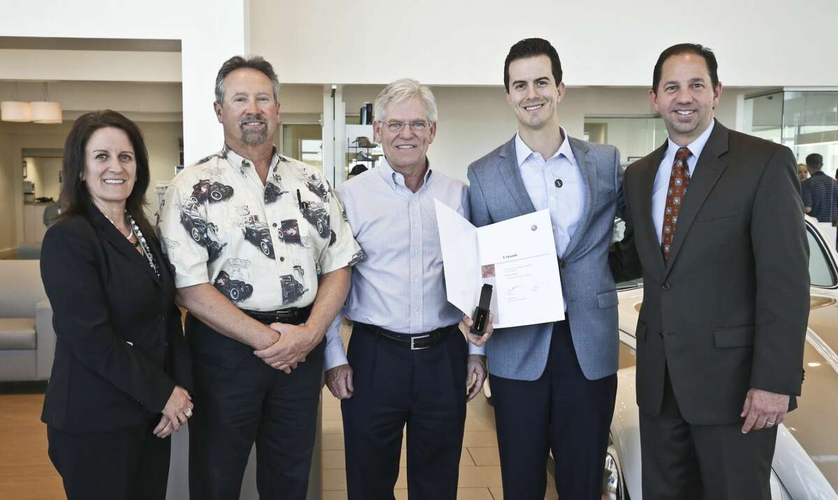 Volkswagen of Laredo was recently presented with the Gold Pin Award from the VW headquarters based in Wolfsburg, Germany. Pictured from left are: Patti Foit, sales operations manager for VW South Central Region Area 4D; Joey Blackmon, Ancira vice president of operations; Greg Spence, Ancira executive vice president; Diego Iturbe, general manager at Ancira of Laredo Volkswagen; and VW Senior Manager Network Development for South Central Region Daron Bush.