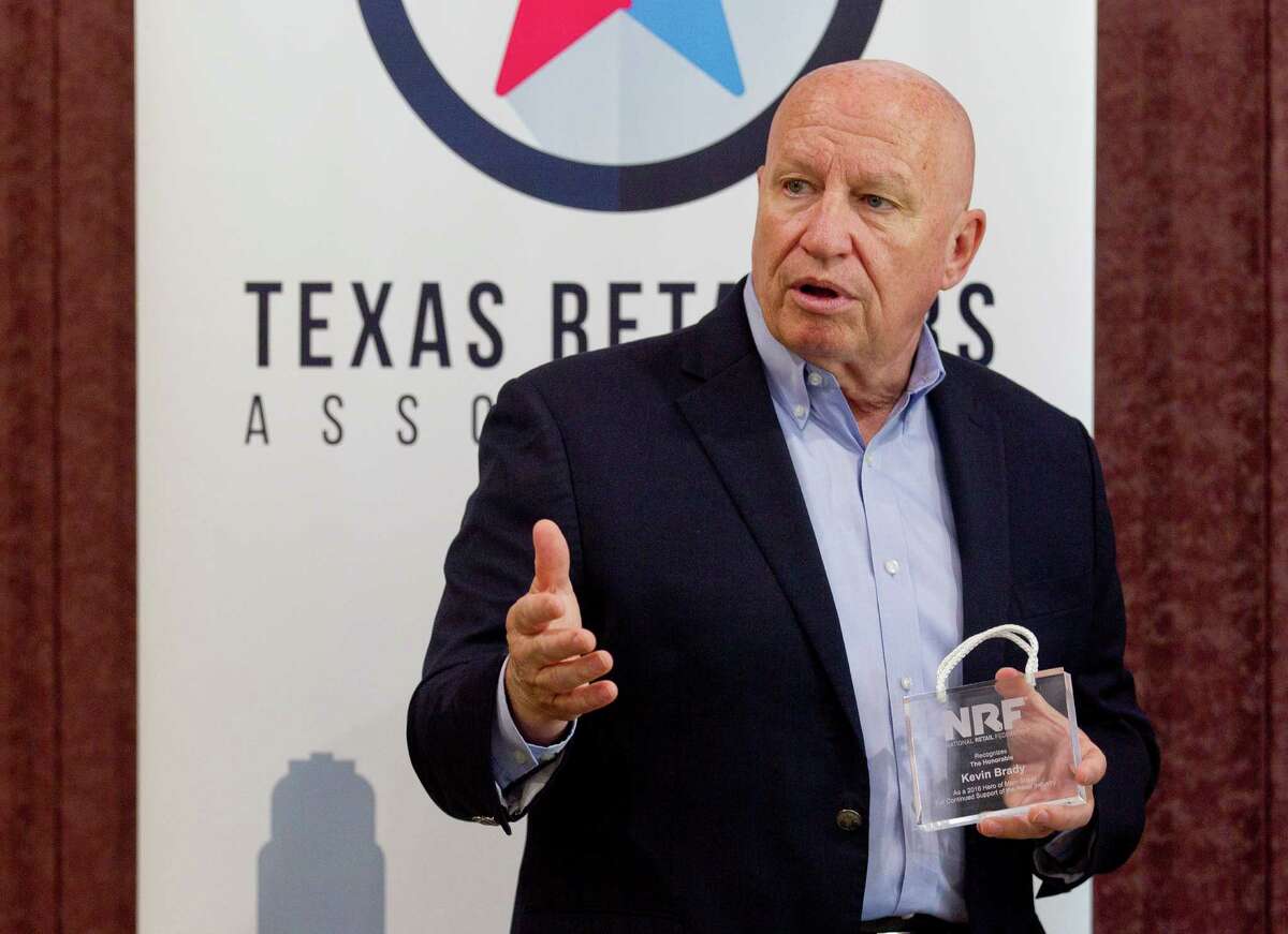 U.S. Rep. Kevin Brady, R-The Woodlands, speaks after receiving the 'Hero of Main Street' award from the National Retail Federation for his support of legislation in support of the retail industry at First Financial Bank Friday in Conroe.