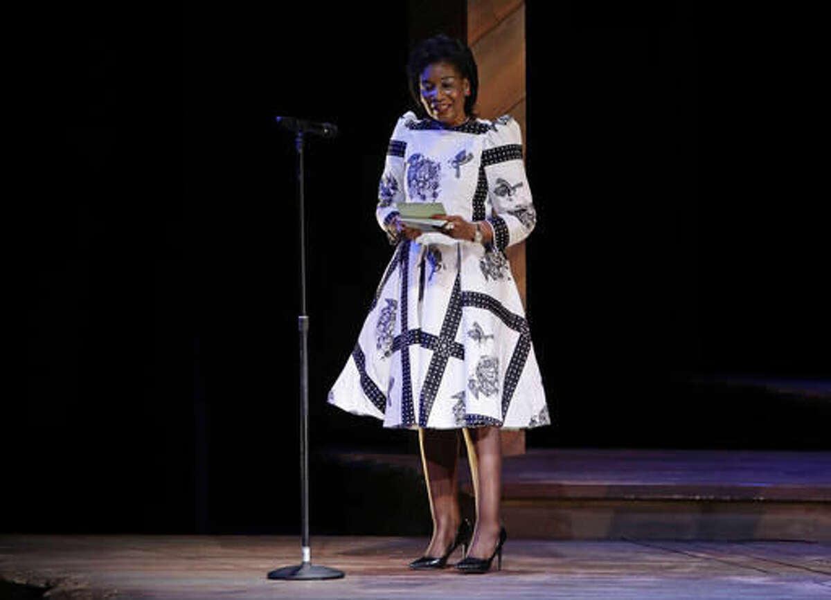 First lady of Malawi Gertrude Hendrina Mutharika speaks at Broadway Shines A Light on Girls' Education, Monday, Sept. 19, 2016, at the Bernard B. Jacobs Theatre in New York. (AP Photo/Frank Franklin II)