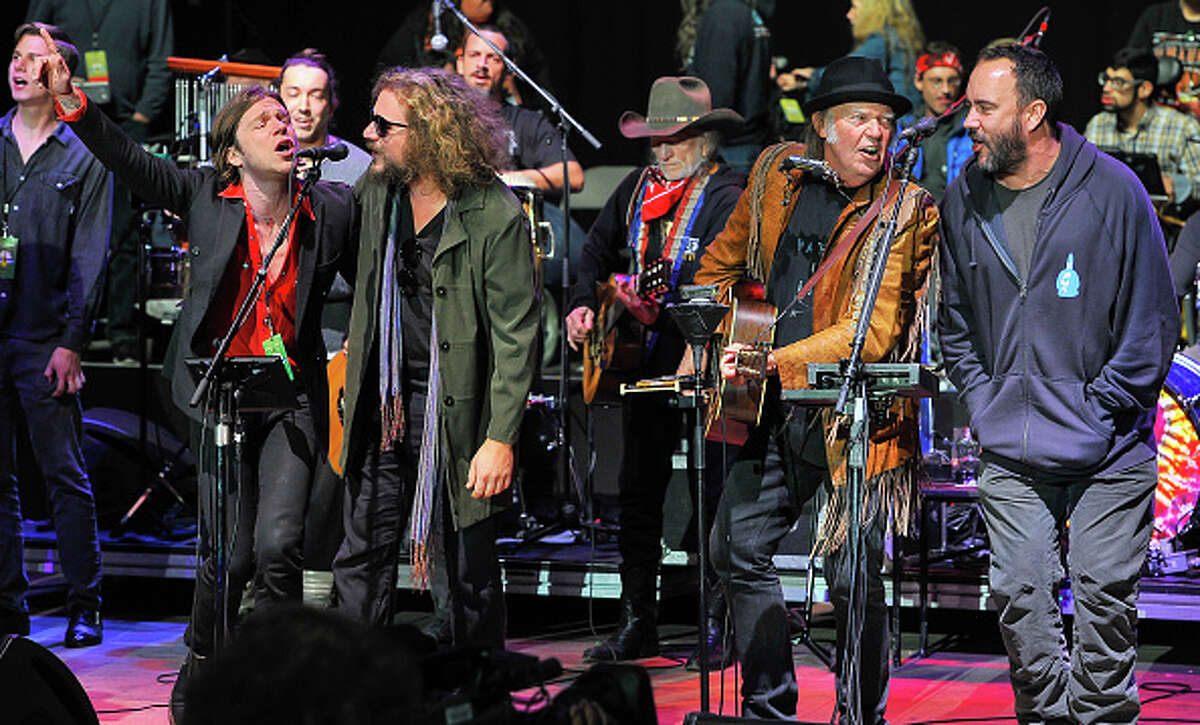 Matt Shultz of Cage The Elephant, Jim James of My Morning Jacket, Willie Nelson, Neil Young and Dave Matthews perform at the 30th Annual Bridge School Benefit concert on Day 1 at Shoreline Amphitheatre on October 22, 2016 in Mountain View, California.
