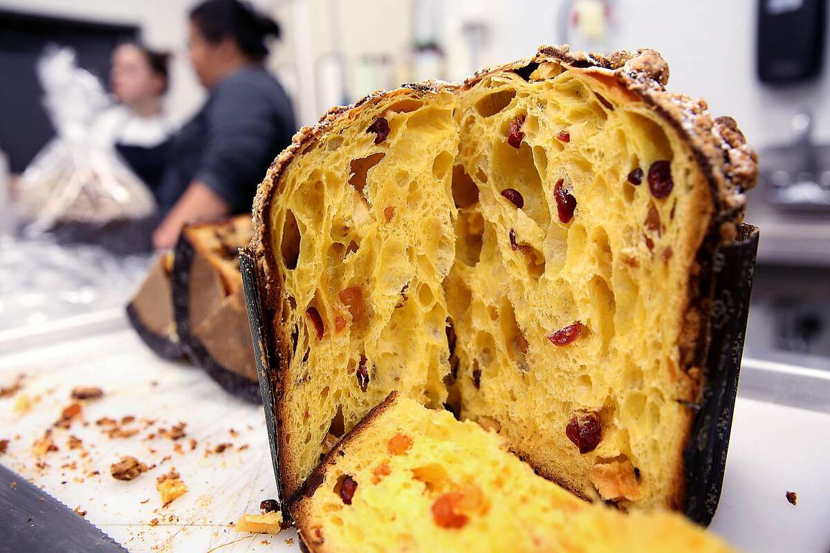 Cherry, white chocolate, and pistachio panettone with almond glaze and pearl sugar by chef Roy Shvartzapel onThursday, October 20, 2016, in Richmond, Calif.