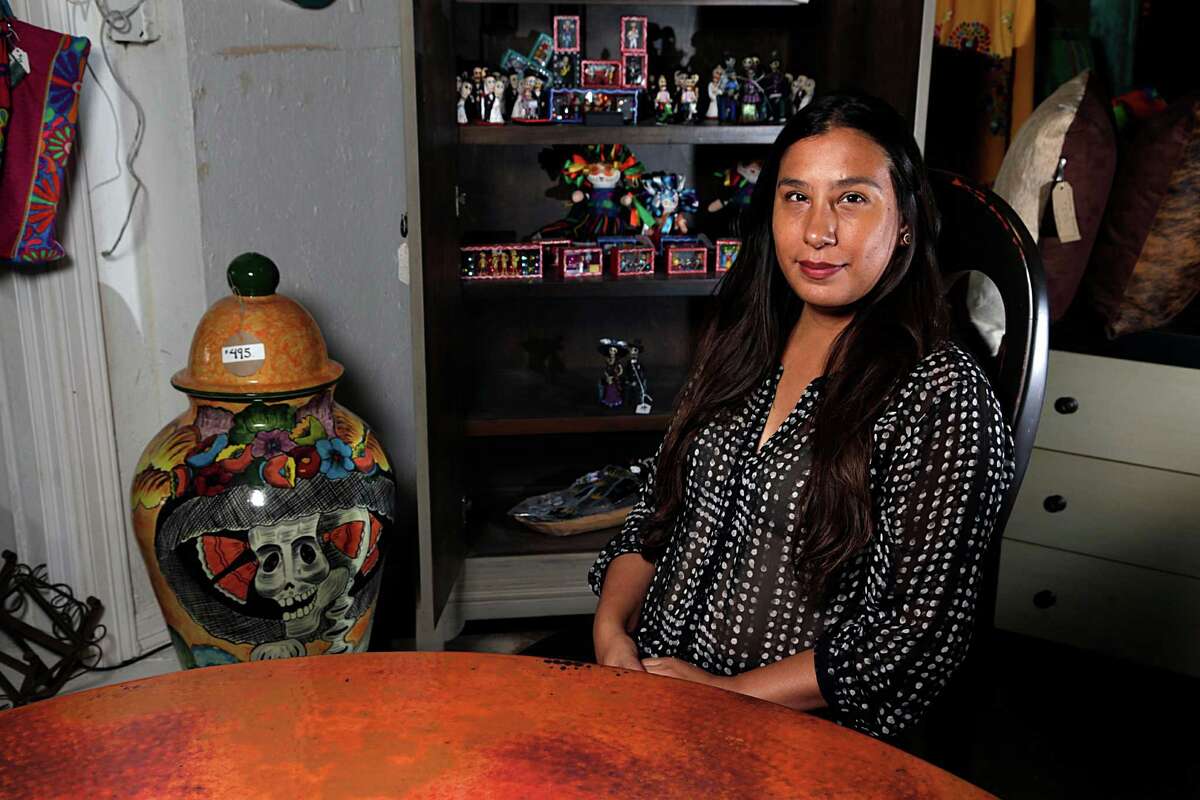 Adriana Alaniz ﻿sells ready-made furniture, custom-made furniture and home accessories at Barrio Antiguo, her shop in the Heights. Maracas that look like Day of the Dead skulls can make Halloween and Dia de los Muertos even more festive. A Day of the Dead bowl for sale at Barrio Antiguo.