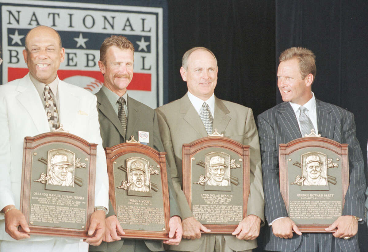 07/25/1999: NOLAN RYAN'S HALL OF FAME INDUCTION: Nolan Ryan is joined by his fellow ballplayer inductees, Orlando Cepeda, Robin Yount and George Brett following their induction inhto the Baseball Hall of Fame in Cooperstown