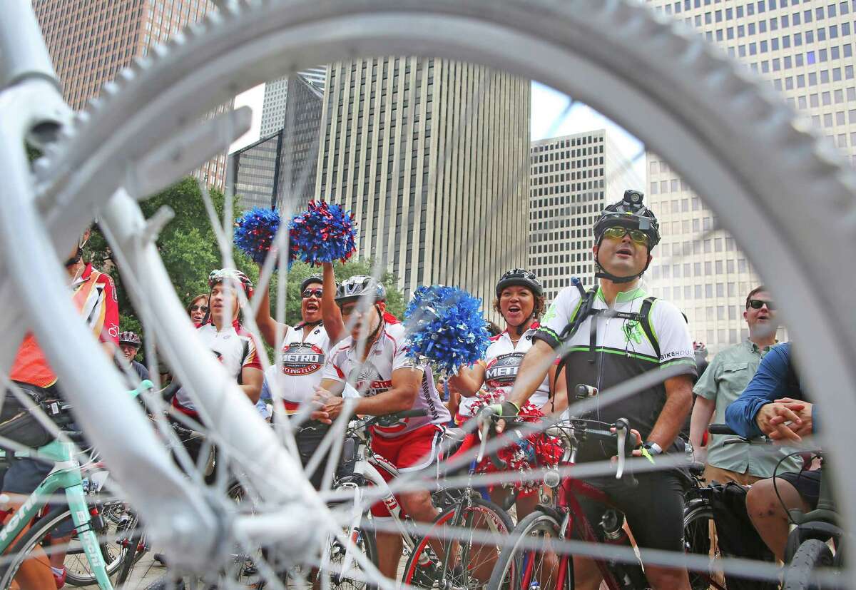 Cyclists rally in front of City Hall before going in and voicing their support for the Houston Bike Plan at a City Council public comment session on Oct. 25.