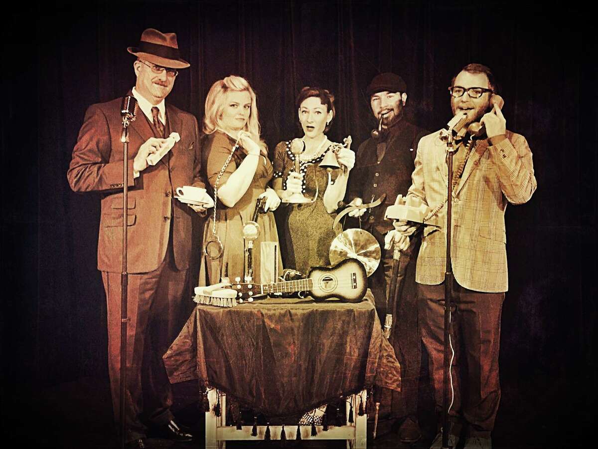 The Harlequin's staging of "Vintage Hitchcock," which offers radio versions of a few early Hitchcock films, stars (from left) Martin Vidal, Sara Christiansen, Ivy Lamb, Robert Gonzalez and Justin Myers.