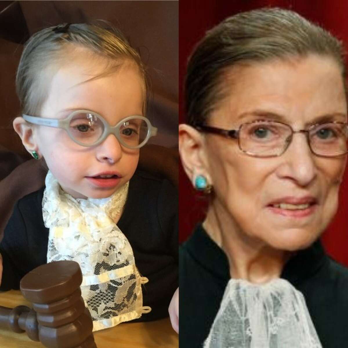 RUTH BADER GINSBURG (2015): Mother Andrea wrote in: “My 2.5 year old daughter, who has a rare chromosomal condition called Pitt Hopkins Syndrome, channeling RBG beautifully …” Topical, sweet and well-executed. I hope Ruth Bader Ginsburg sees this, and appreciates the good company she’s in.