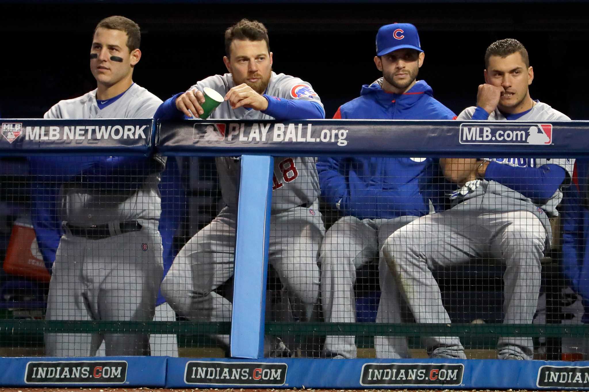 OCT 26, 2016: Chicago Cubs left fielder Kyle Schwarber (12) reacts after a  base hit during Game 2 of the 2016 World Series against the Chicago Cubs  and the Cleveland Indians at