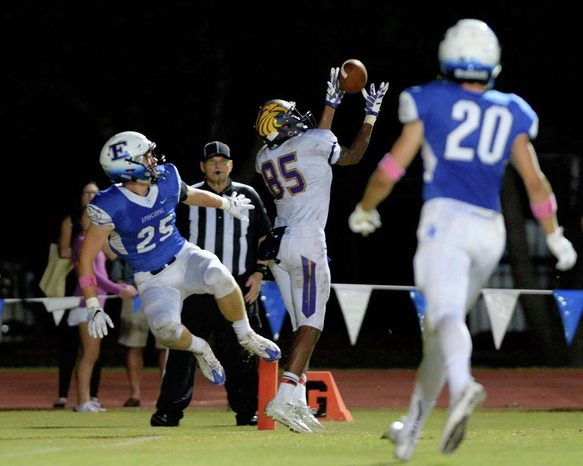 The play of Kinkaid's Malcolm Hedgeperth (85), here making a touchdown reception against Episcopal, is one reason why the Falcons, who beat Houston Christian last week, are int he hunt in the SPC. Kinkaid and rival St. John's face off at Rice Stadium Friday.