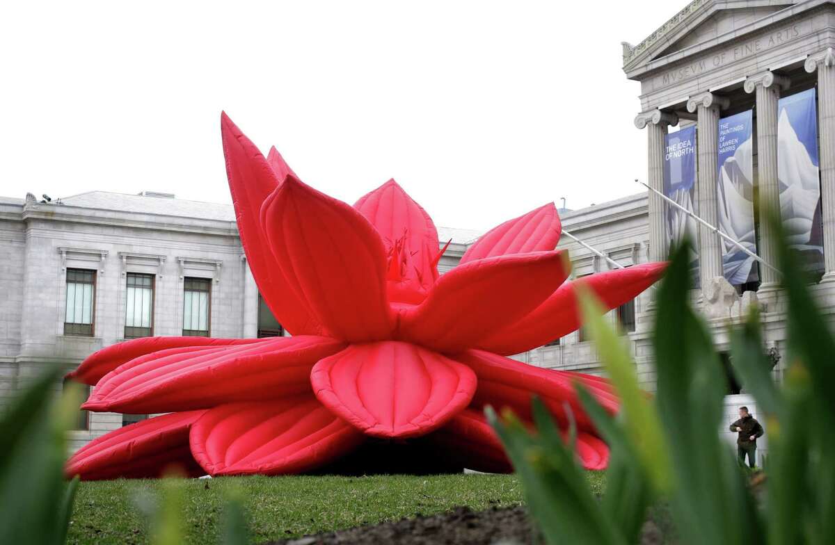 A man walks near the art installation called "Breathing Flower" by artist Choi Jeog Hwa, of Seoul, South Korea, at the Museum of Fine Arts in Boston, Wednesday, March 23, 2016. The 20-foot-wide inflatable lotus flower is part of an upcoming exhibit called Megacities Asia to be open to the public at the museum from April 3 through July 17, 2016. (AP Photo/Steven Senne)