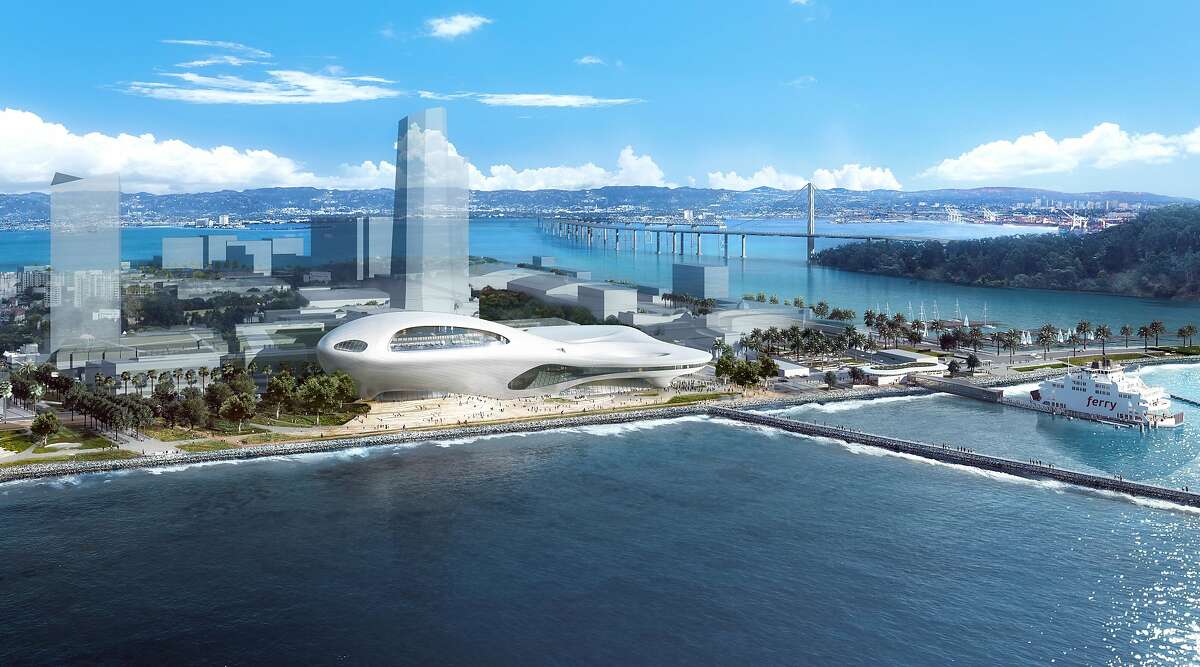 An aerial view of the proposed Lucas Museum of Narrative Art on Treasure Island. Many of the buildings in this renderingdo not yet exist, but are shaped to follow the zoning allowed in redevelopment plans for the former military base. The design is by Ma Yansong, who worked with Zaha Hadid and founded MAD Architects in 2004. Filmmaker George Lucas also has MAD working on a Los Angeles version of the museum, and is expected to make a final decision in early 2017 on which location he will choose.
