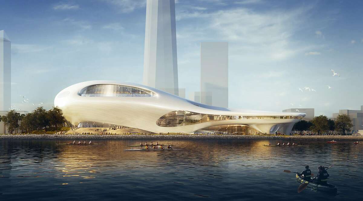 The conceptual design for the Treasure Island version of the Lucas Museum of Narrative Art. This rendering shows it amid buildings that do not yet exist, but with shapes that follow the zoning allowed in the redevelopment plans for the former military base. The design is by Ma Yansong, who worked with Zaha Hadid and founded MAD Architects in 2004. Filmmaker George Lucas also has MAD working on a Los Angeles version of the museum, and is expected to make a final decision in early 2017 on which location he will choose.