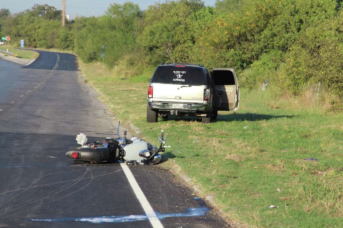 A motorcyclist is in serious condition Thursday, Oct. 27, 2016, following a two-vehicle crash on an Interstate 10 frontage road near New Braunfels Avenue.