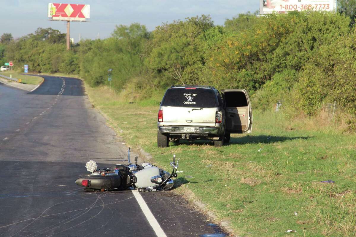 A motorcyclist is in serious condition Thursday, Oct. 27, 2016, following a two-vehicle crash on an Interstate 10 frontage road near New Braunfels Avenue.