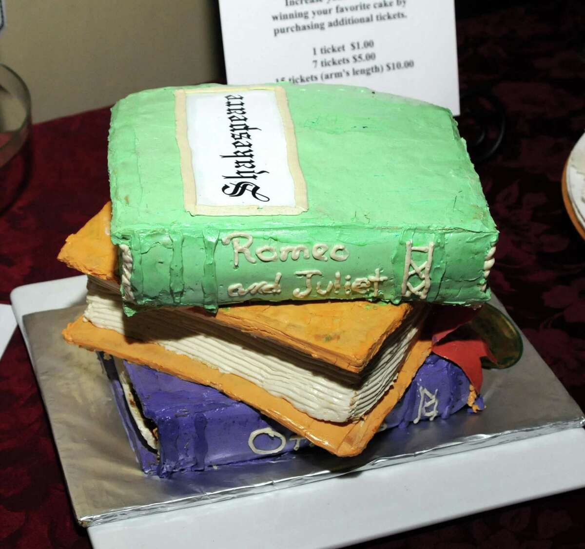 File photo from an event to benefit the Bethel Public Library Building Fund on May 6, 2010. Tickets were sold to those wanting to cast a vote for the cake that best represented Shakespeare. Loree's Catering of Bethel was the winner of the best Shakespeare cake pictured here.