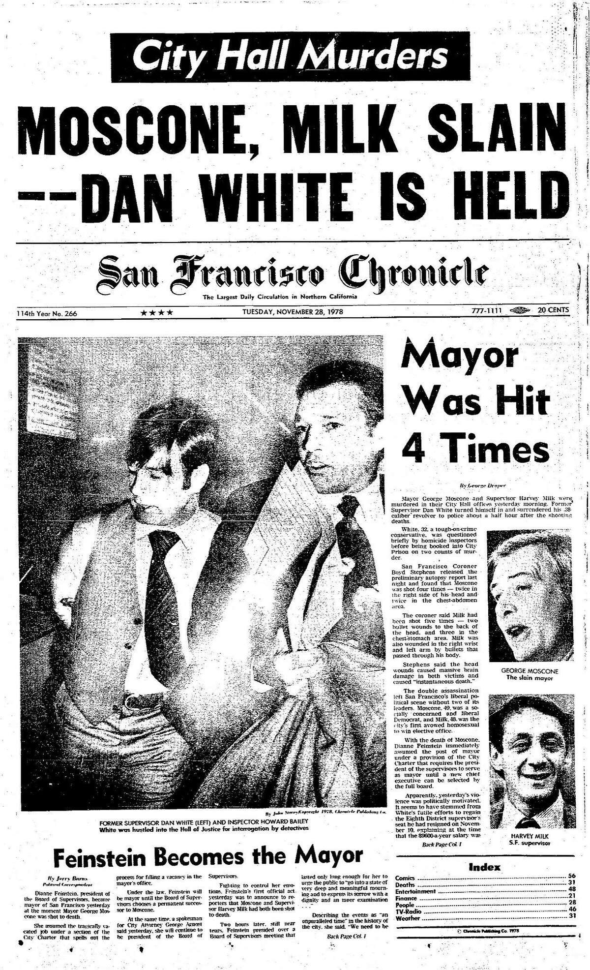 历史编年史头版1978年11月28日旧金山市长乔治·莫斯科尼和监督员哈维·米尔克在市政厅被监督员丹·怀特谋杀