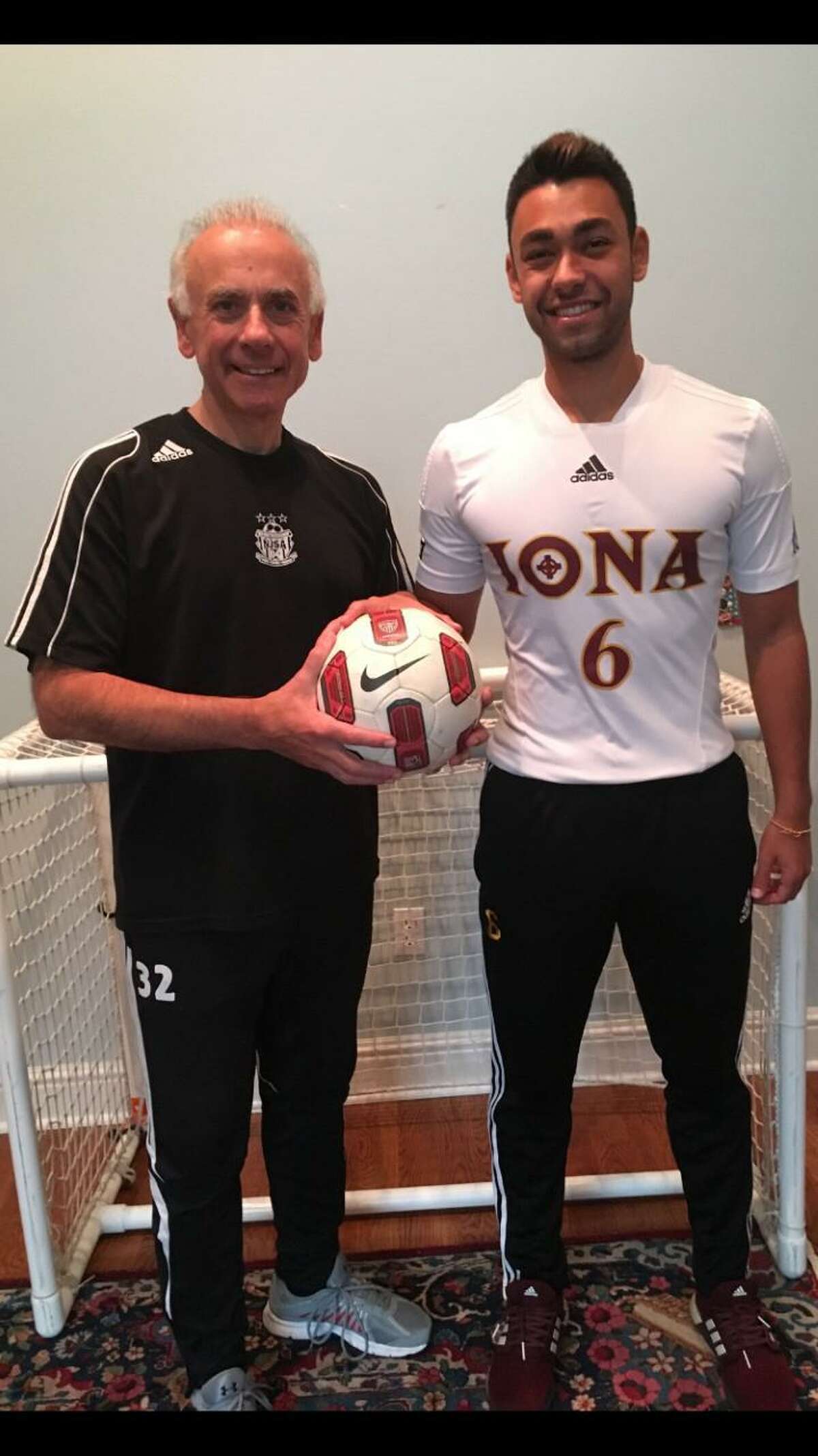 Pat Ferrandino, left, who played soccer at Brien McMahon and UConn four decades ago, poses with his son Jon-Luke Ferrandino, a former all-state player at New Canaan High and who also played at UConn before transferring to Iona College.