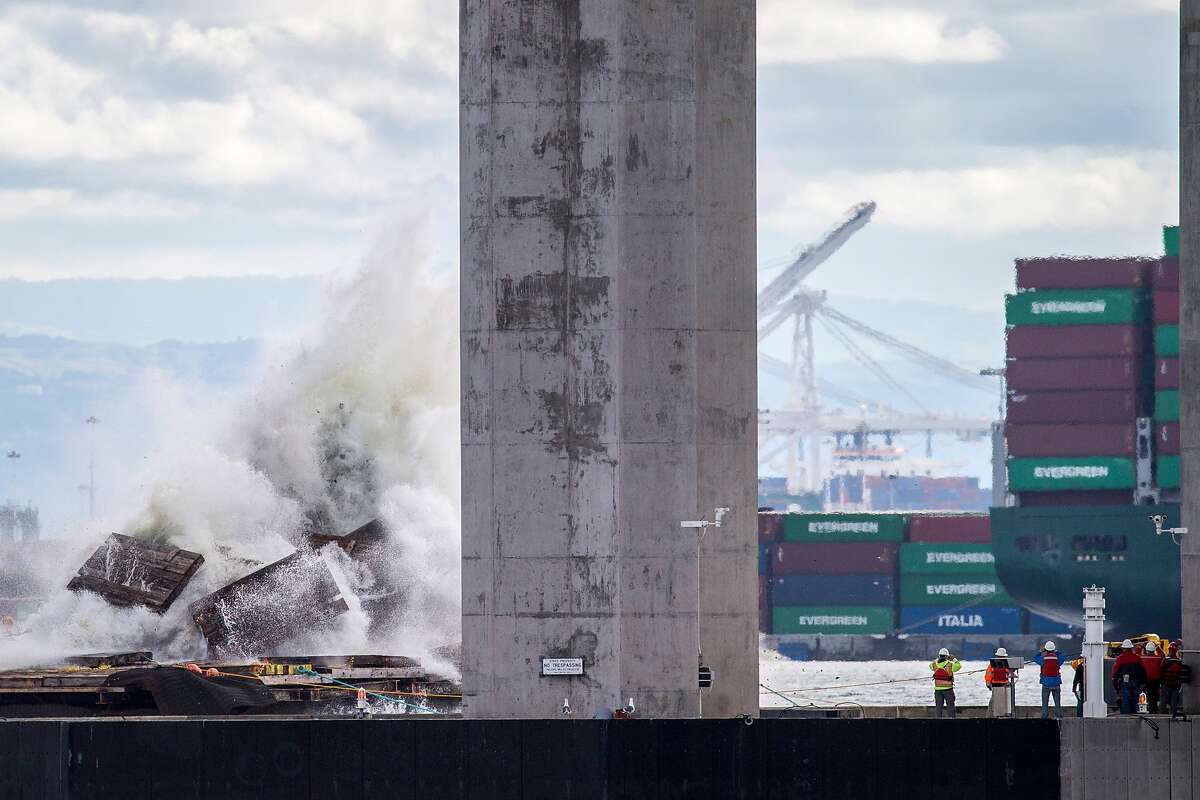 A marine foundation from the old eastern span of the Bay Bridge was imploded, on Saturday, Oct. 29, 2016 in San Francisco, Calif.