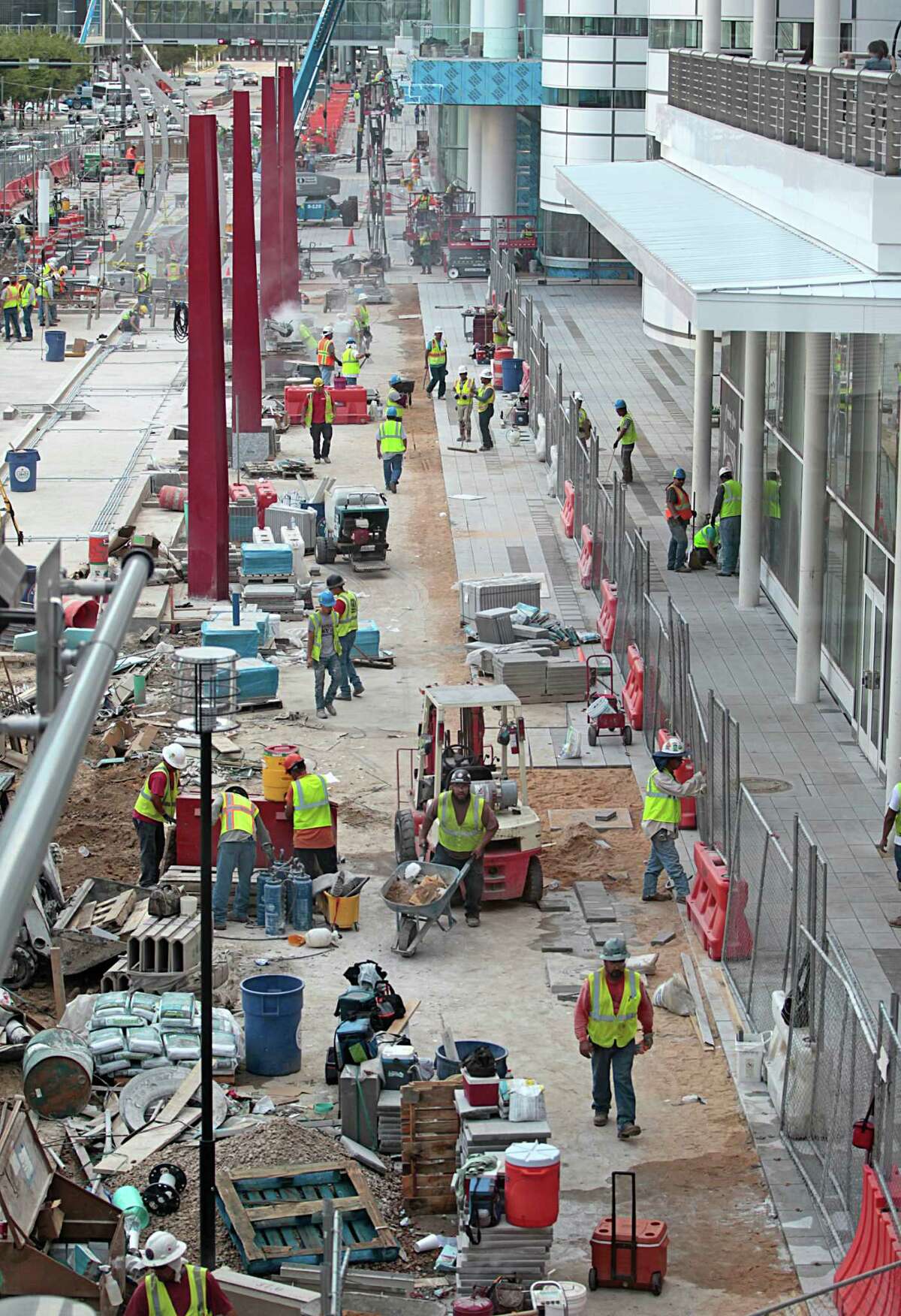 With 100 days before Super Bowl LI, construction crews stayed busy Friday with, among other projects, upgrades to the George R. Brown Convention Center.
