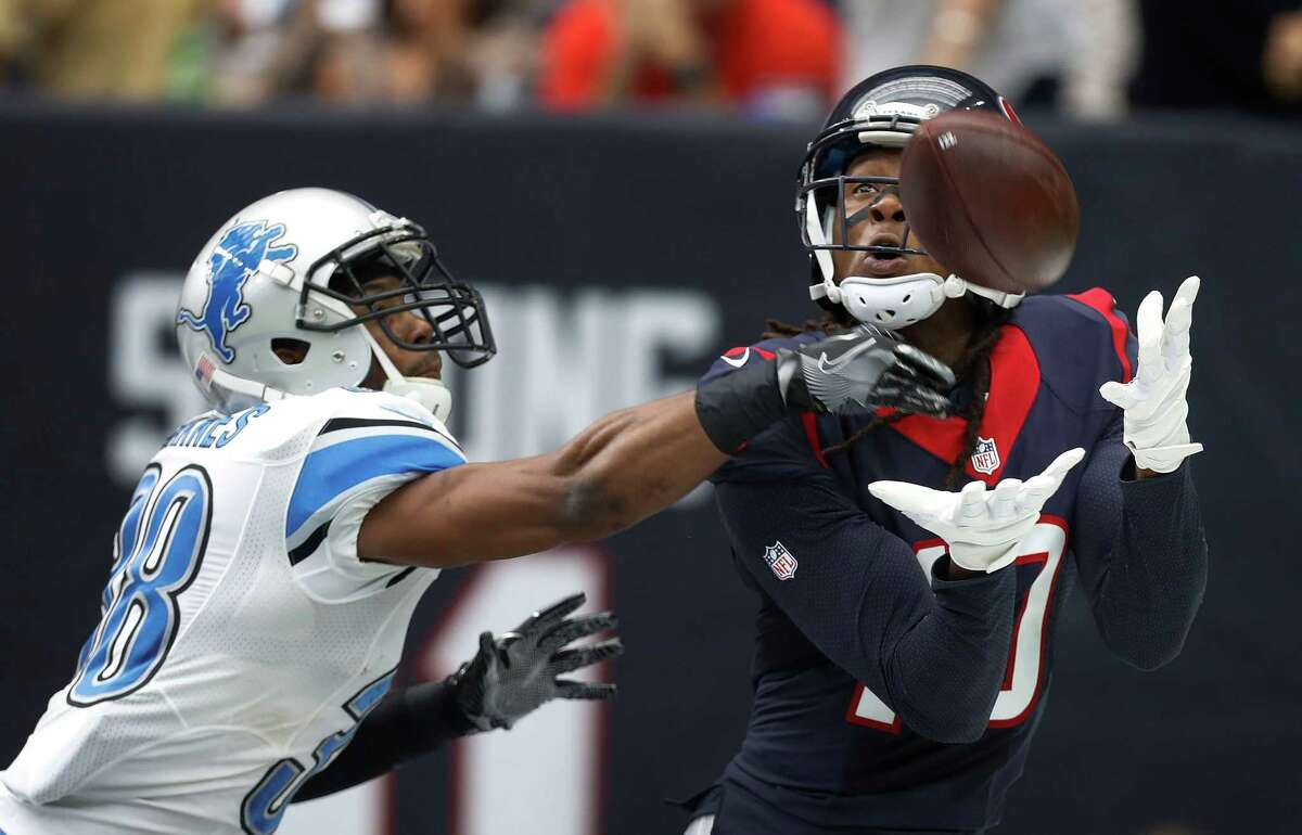 Houston Texans wide receiver DeAndre Hopkins (10) catches the ball out of bounds in the end zone against Detroit Lions cornerback Adairius Barnes (38) during the second quarter an NFL football game at NRG Stadium, Sunday,Oct. 30, 2016 in Houston.