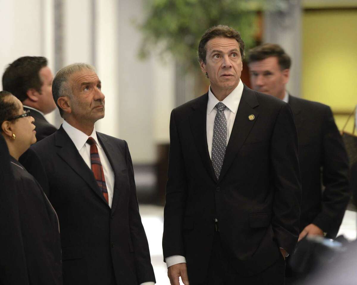 Governor Andrew Cuomo, joins Alain E. Kaloyeros at Peter D. Kiernan Plaza as part of a Economic Development Council program on Oct. 23, 2012, in Albany, N.Y. (Skip Dickstein/Times Union archive)