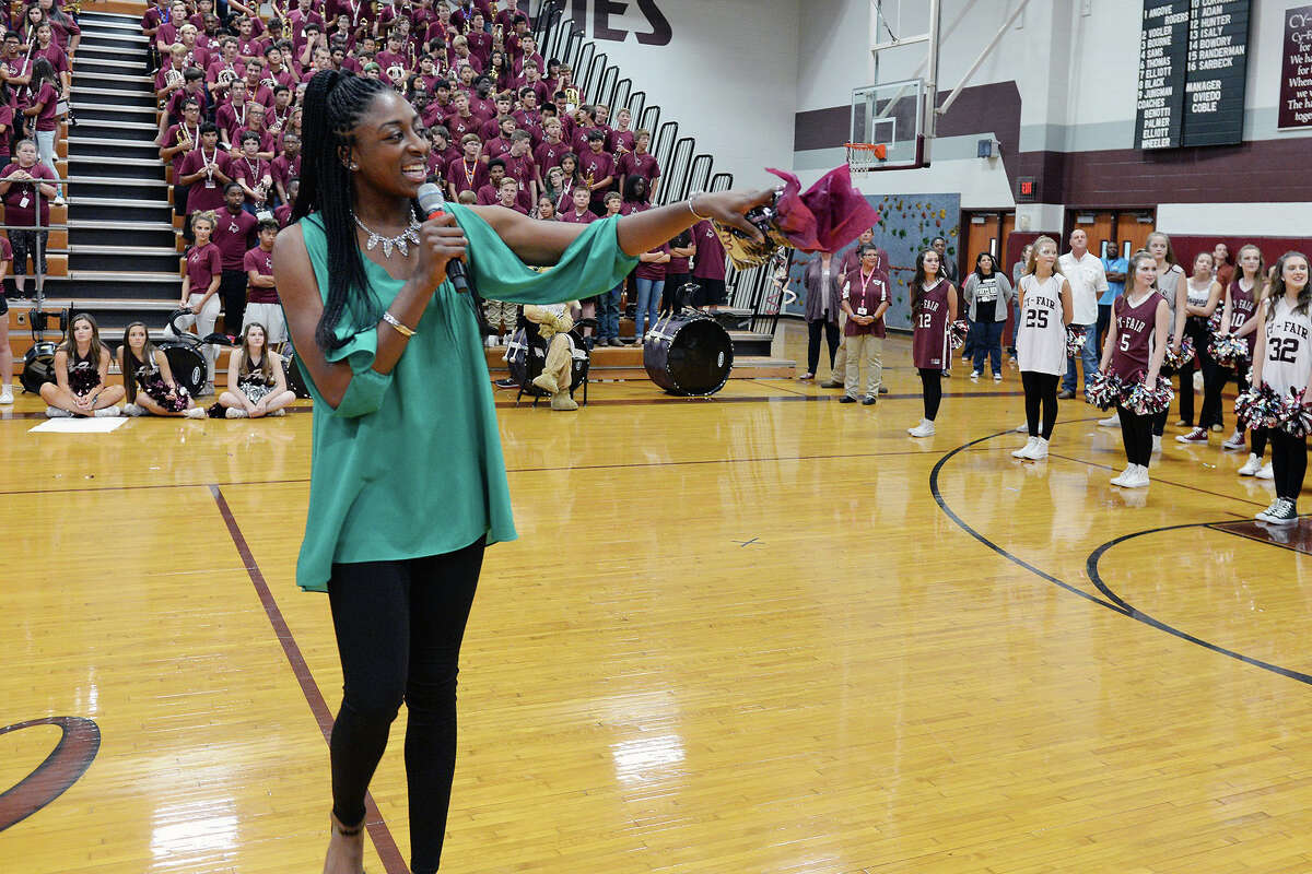 Reigning WNBA MVP and league champion Nneka Ogwumike speaks to Cy-Fair High School students at a special pep rally in her honor at the school she attended on Oct. 28.