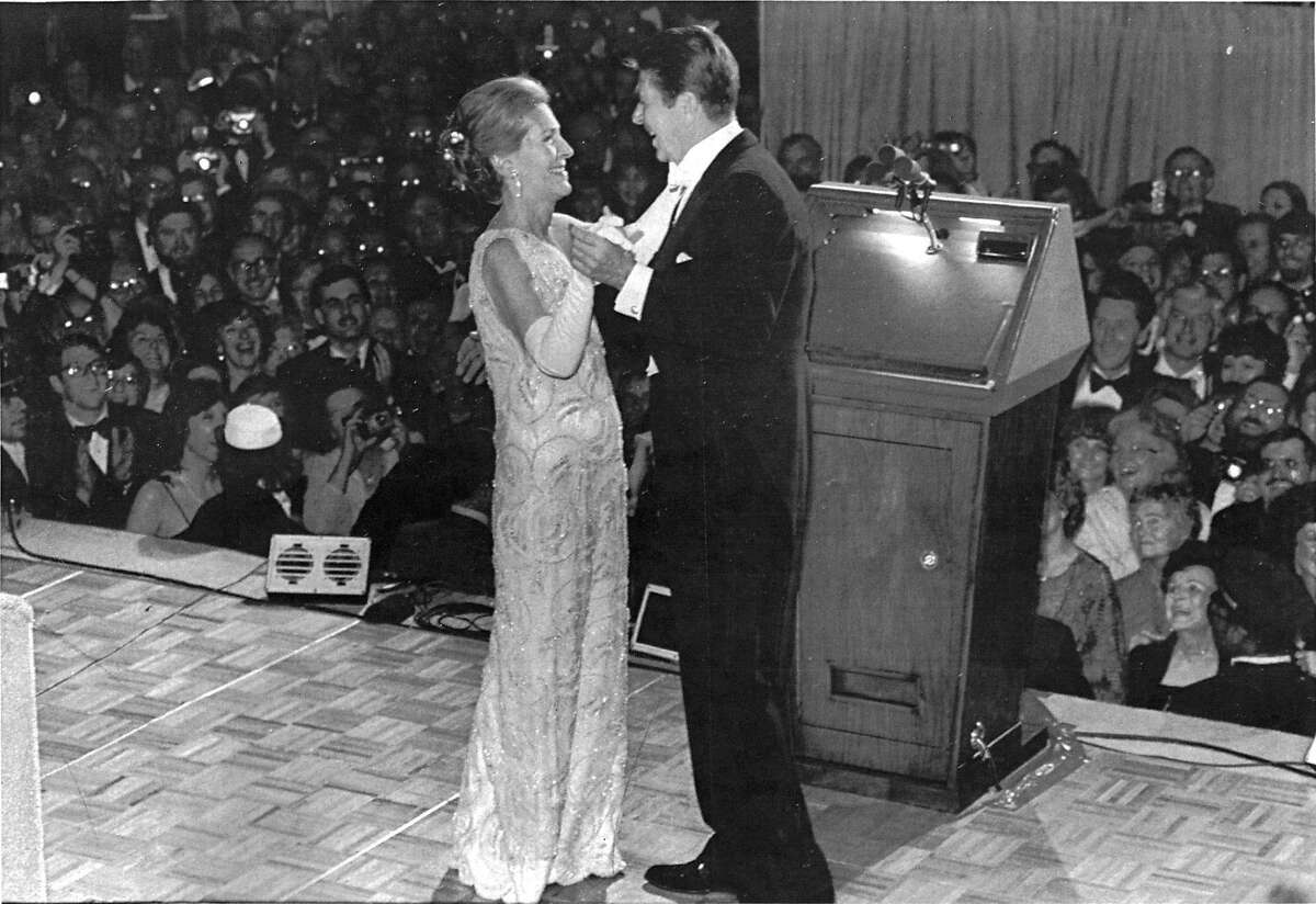 FILE -- Nancy Reagan at the inaugural ball with her husband President Ronald Reagan, in a gown by James Galanos, in Washington, in 1981. Among political wives, few have been as favorably inclined toward fashion and its designers, whom Reagan championed and befriended, and whose profile she raised during her time in the White House. (The New York Times)