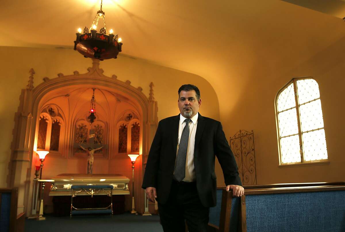 Fifth generation undertaker Matt Taylor, is seen in one of the several chapels at the Valente Marini Peralta & Co. funeral home, on Saturday October 29, 2016. Taylor is looking for a new home for his business because his current site is being sold to make room for housing along Mission St. in San Francisco, California.