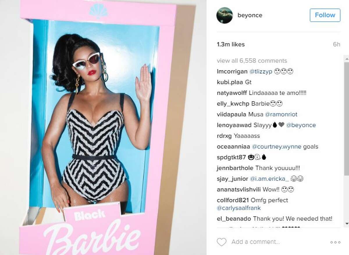 In this Instagram screenshot, Beyonce poses as Barbie in her Halloween 2016 costumes.