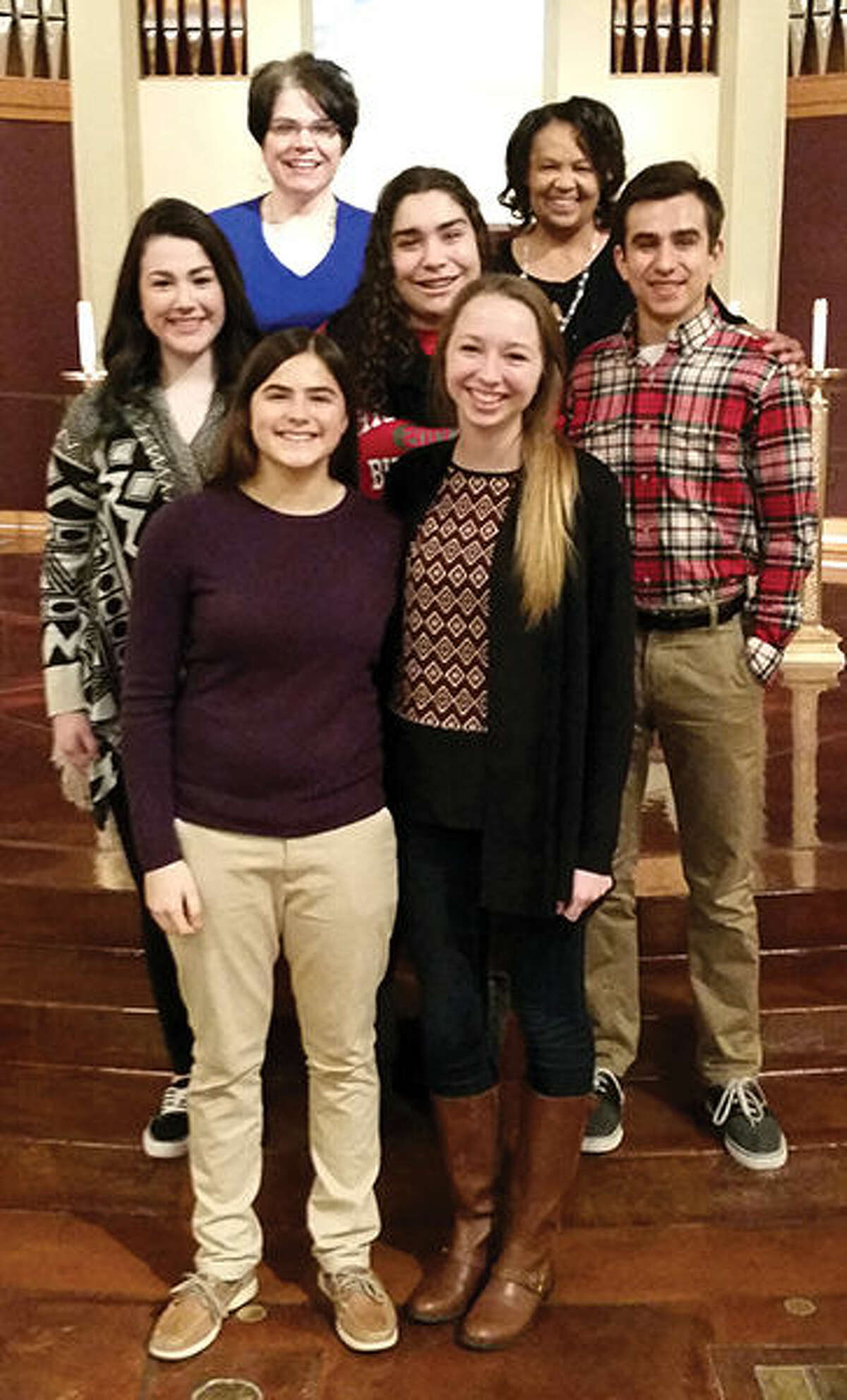 St. Boniface World Youth Day 2016 Pilgrims are: back row -  Jill Griffin (Youth Ministry Coordinator) and Joan Green (Adult Chaperone). Middle Row - Maddie Litterst,  Polly Czar and  Ryan Serfas. Front Row - Lauren Serfas and Kaitlyn Frick.