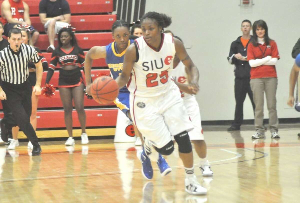 SIUE's Michaela Herrod brings the ball up court against Morehead State Monday at the Vadalabene Center.