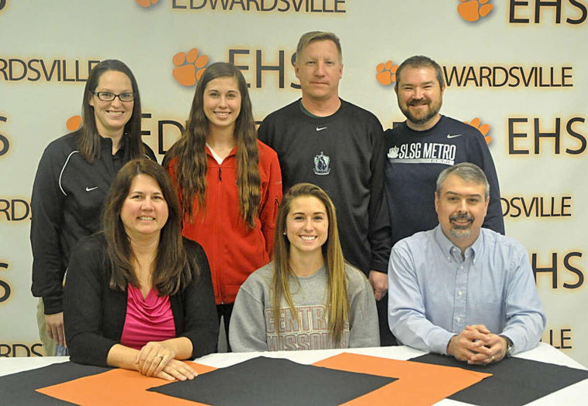 EHS senior Taylor Thompson recently signed to play women’s soccer at the University of Central Missouri. Above, seated from left are Jan Thompson, mother, Taylor Thompson, and Jeff Thompson, father. Standing from left are EHS head coach Abby Comerford, Caitlyn Thompson, sister, and SLSG coaches Jeff Besserman and Mitch Bohnak.