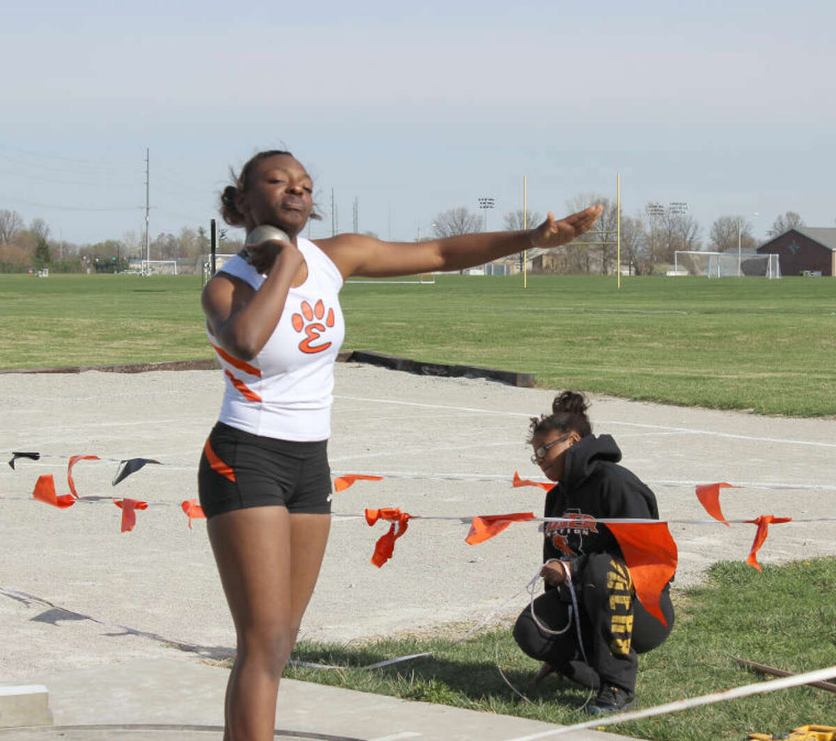 Edwardsville's Aaliyah Covington displays her form in the shot put Wednesday at the Tiger Relays.