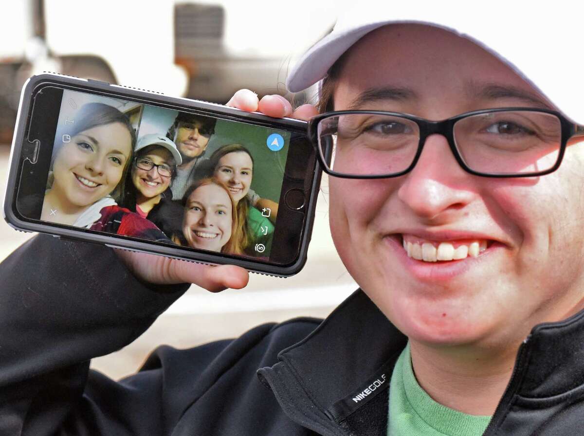Russell Sage sophomore Dominique Pizzo-Palumbo of Herkimer shows off a selfie she took yesterday of actor director James Franco with her classmates as filming of "The Pretenders" movie continues at the college Tuesday Nov. 1, 2016 in Troy, NY. (John Carl D'Annibale / Times Union)