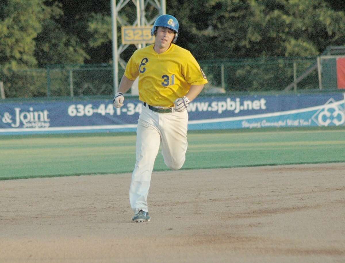 Edwardsville Post 199's and District 22 All-Star Michael Failoni rounds the bases after hitting a three-run homer in the top of the third inning at T.R. Hughes Ballpark.