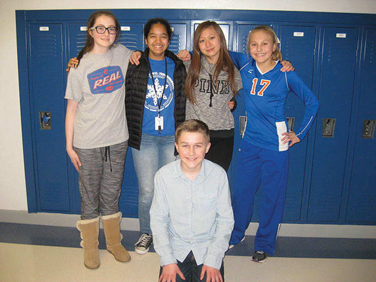State-bound members of the Lincoln Middle School Math Counts Team. In front is Evan Driscoll. In back are Mackenzie Kimble, Gayathri Kondepati, Natalie Loveridge and Elizabeth Viox.