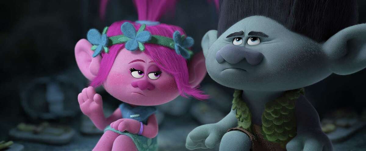Poppy, left, voiced by Anna Kendrick, and Branch, voiced by Justin Timberlake in a scene from "Trolls."