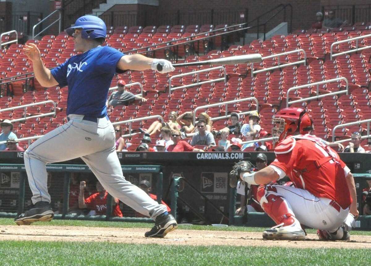 Edwardsville’s Derek Page follows through with his swing after a first inning single Monday at Busch Stadium. Boyd and Page represented Edwardsville on the Illinois squad.