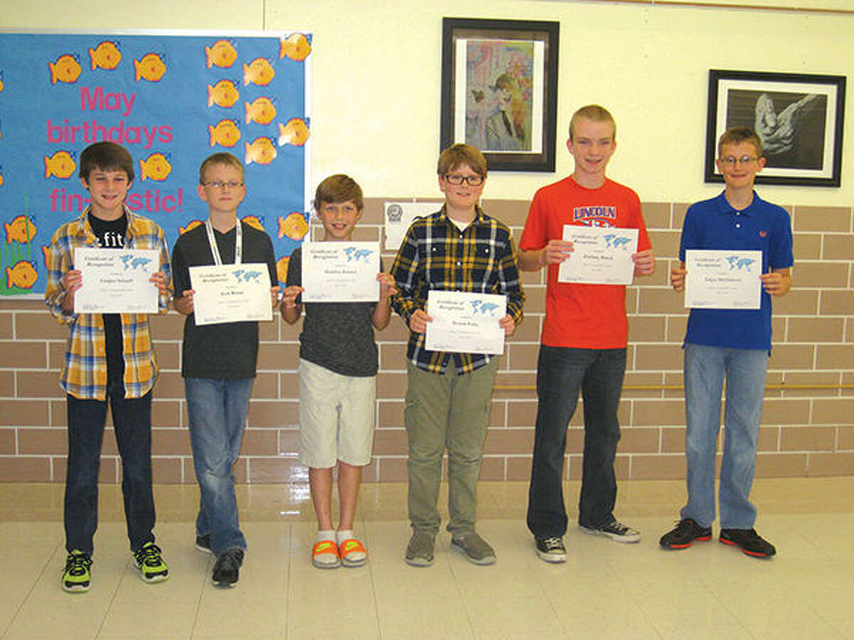 Edwardsville District 7 honored its geography bee winners at Monday's Board of Education meeting. Pictured are, from left:  Cooper Scharff, Woodland Elementary; Jack Busse, Cassens Elementary; Maddox Carnes, Worden Elementary; Rowan Foley,  Columbus Elementary; Zachary Brasel, Lincoln Middle School and Edgar McClintock, Liberty Middle School.